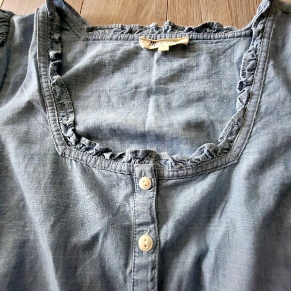 Madewell Womens Blue Short Sleeve Button-Down Peplum Top S Cotton Blend Denim Ru - Picture 3 of 15